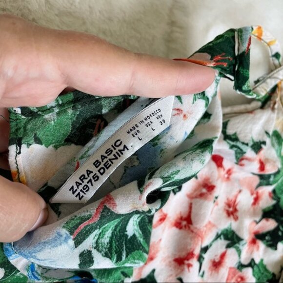 Zara Basic | Z1975 Denim Floral Halter Ruffle Sleeveless Mini Dress | Size Large - Picture 7 of 12